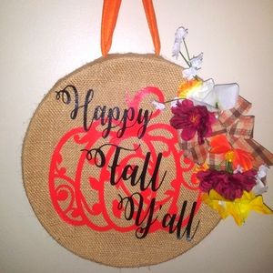 Burlap Happy Fall Y'all Autumn Door Hanger Sign with Bow and Flowers